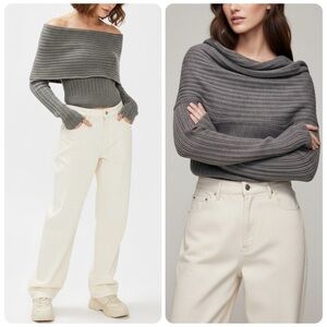 GUIZIO Loretta Turtleneck Off-Shoulder Wool-Blend Ribbed Knit Top, Night Grey, S